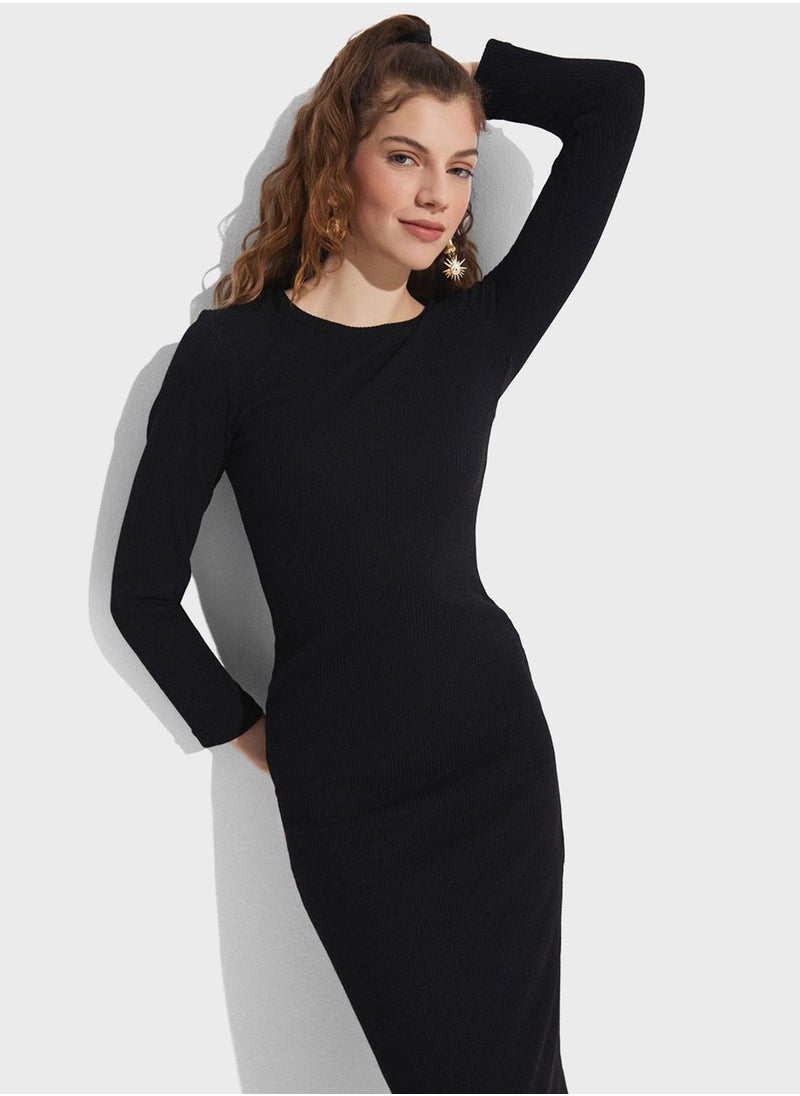 Crew Neck  Ruched Detail Dress