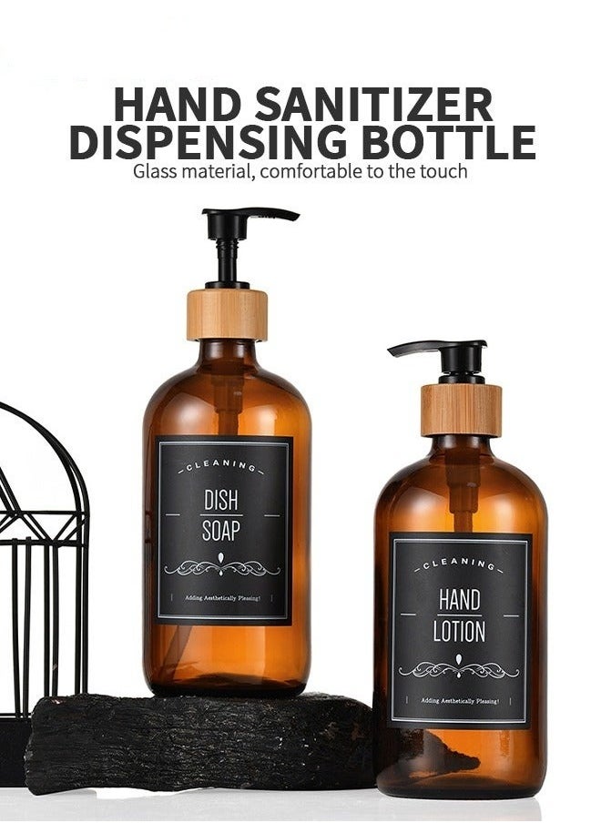 2-Piece 500ML Soap Dispenser Set Amber Soap Dish With Bamboo Tray For Kitchen Sink And Bathroom