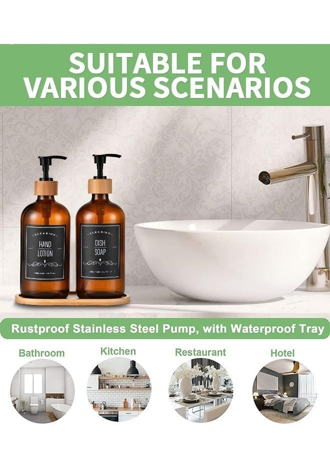 2-Piece 500ML Soap Dispenser Set Amber Soap Dish With Bamboo Tray For Kitchen Sink And Bathroom