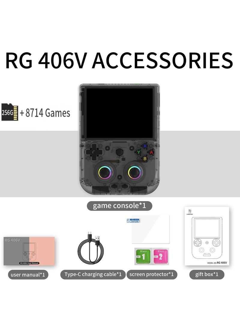 RG406V Handheld Game Console Unisoc T820 Android 13 4-inch IPS multi-touch screen 5500mAh 5G WIFI Bluetooth Retro Video Players (Black Transparent 256G)