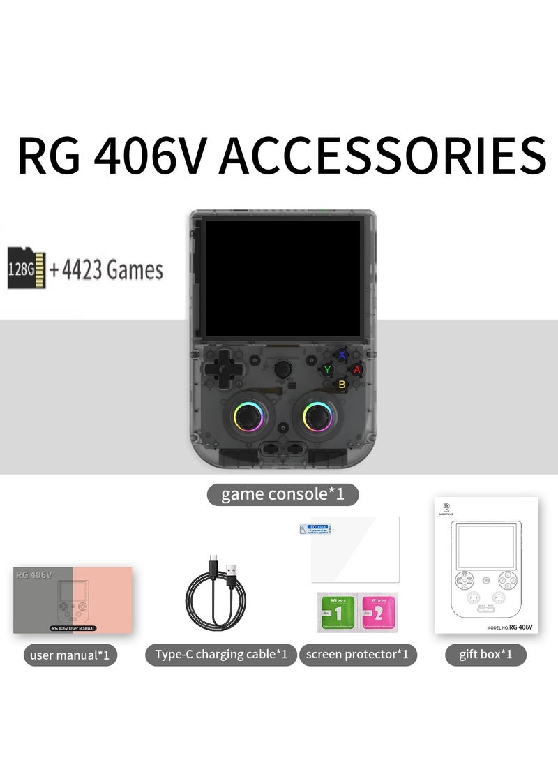 RG406V Handheld Game Console Unisoc T820 Android 13 4-inch IPS multi-touch screen 5500mAh 5G WIFI Bluetooth Retro Video Players (Black Transparent 128G)