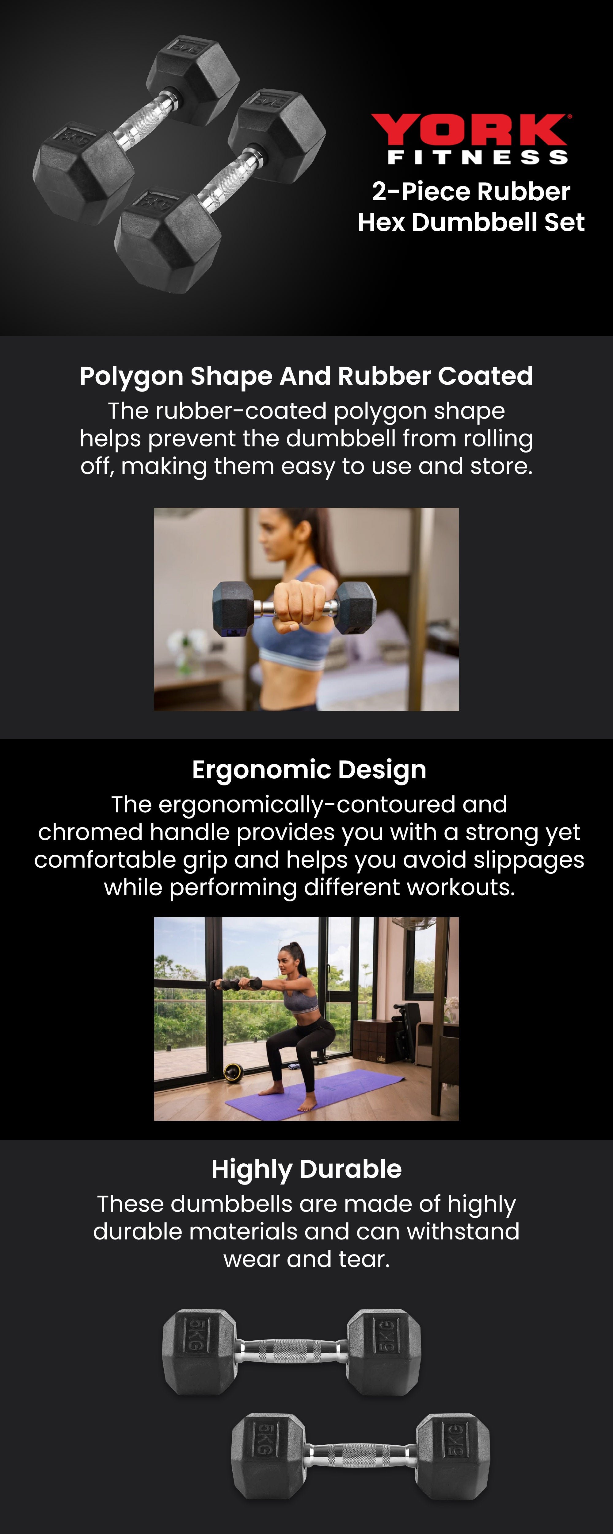 2-Piece Rubber Hex Dumbbell Set 5kg