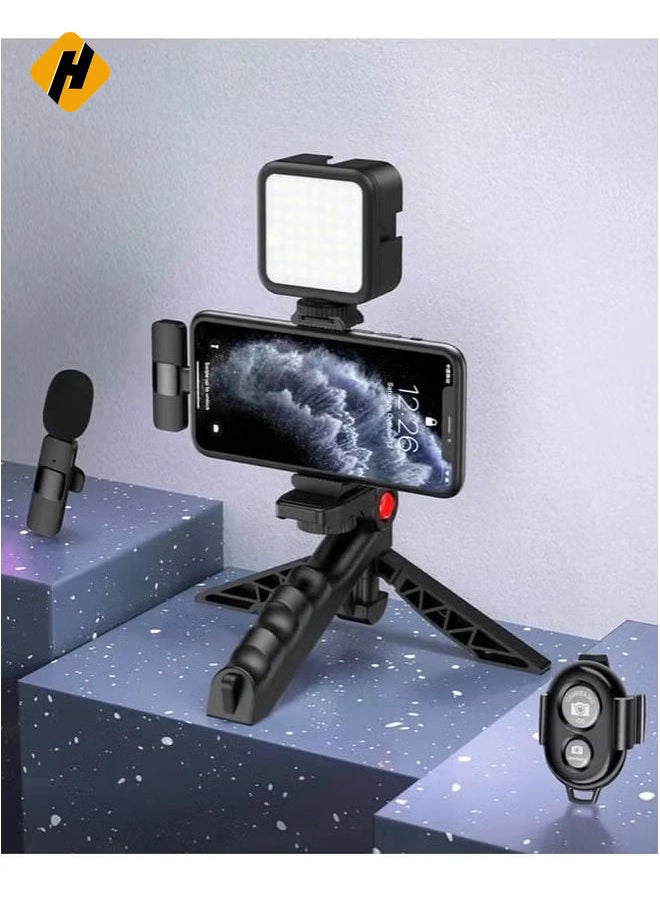 Professional Vlogging Kit – Remote Control, Foldable Tripod, LED Lamp, & Wireless Lavalier Microphone for iPhone