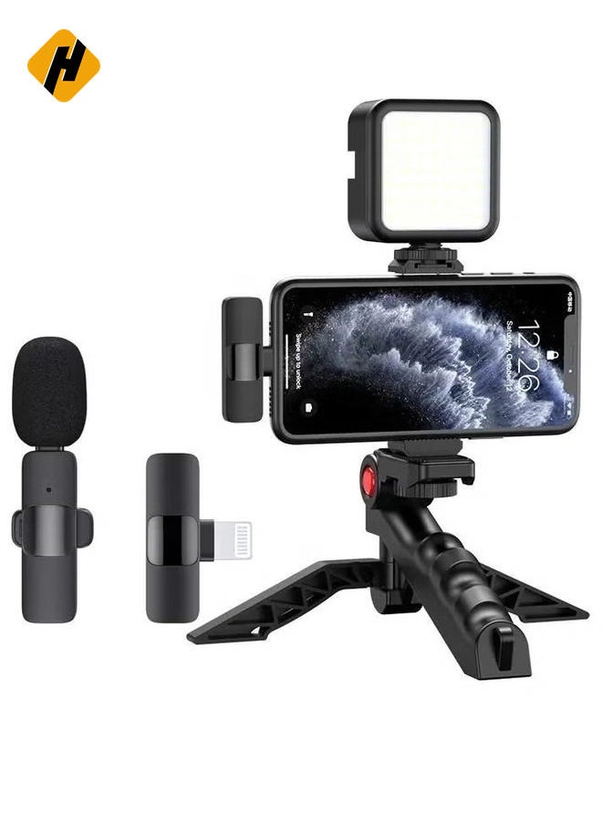 Professional Vlogging Kit – Remote Control, Foldable Tripod, LED Lamp, & Wireless Lavalier Microphone for iPhone