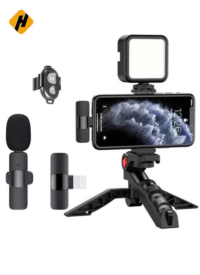 Professional Vlogging Kit – Remote Control, Foldable Tripod, LED Lamp, & Wireless Lavalier Microphone for iPhone