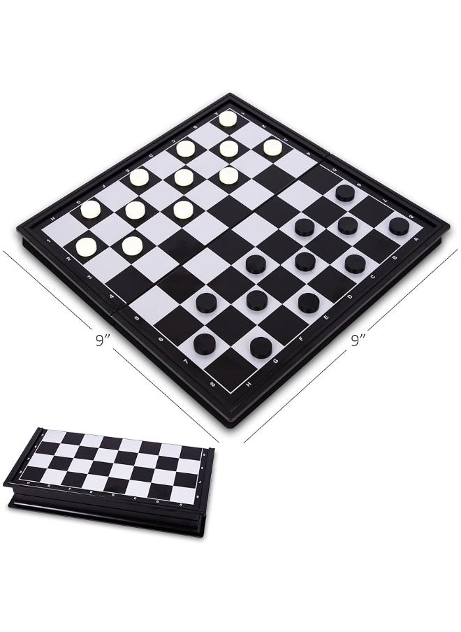 Gamie 3 in 1 Magnetic Travel Chess Set - Portable Chess, Checkers, Backgammon Set - 9 Inch Magnetic Chess Board for Road Trips - Travel Games for Kids and Adults - Gift Idea for Ages 3 and Up