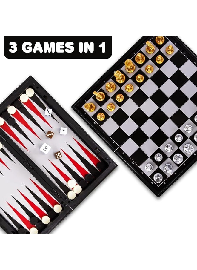 Gamie 3 in 1 Magnetic Travel Chess Set - Portable Chess, Checkers, Backgammon Set - 9 Inch Magnetic Chess Board for Road Trips - Travel Games for Kids and Adults - Gift Idea for Ages 3 and Up