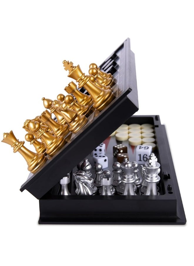 Gamie 3 in 1 Magnetic Travel Chess Set - Portable Chess, Checkers, Backgammon Set - 9 Inch Magnetic Chess Board for Road Trips - Travel Games for Kids and Adults - Gift Idea for Ages 3 and Up