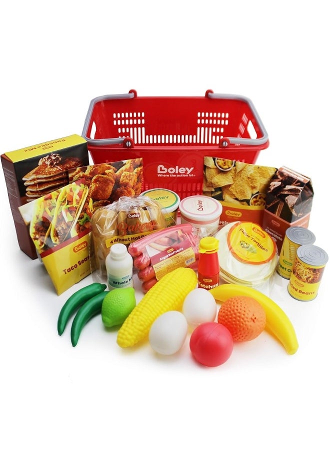 Boley Shopping Basket Toy - Pretend Grocery Shopping Play Set with 24 Realistic Play Food Items - Fruits, Vegetables, Drinks, Meats - Educational and Durable - for Kids and Toddlers Ages 3 and Up