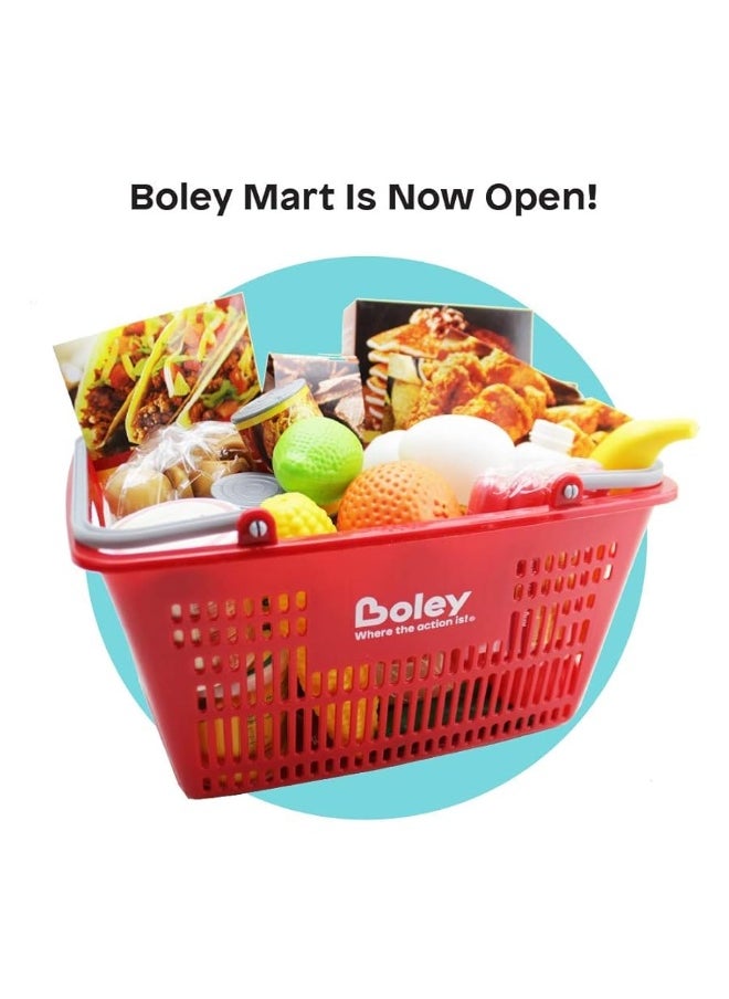 Boley Shopping Basket Toy - Pretend Grocery Shopping Play Set with 24 Realistic Play Food Items - Fruits, Vegetables, Drinks, Meats - Educational and Durable - for Kids and Toddlers Ages 3 and Up