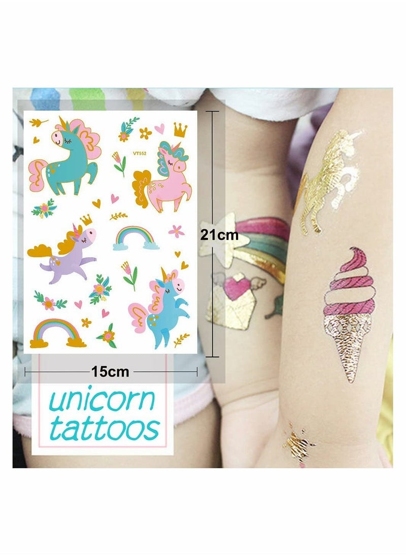 6 Sheets Temporary Tattoos for Kids Large Unicorn Glitter Tattoos for Kids Girls Boys Stick on Tattoos Party Bag Fillers Party Favours Supplies