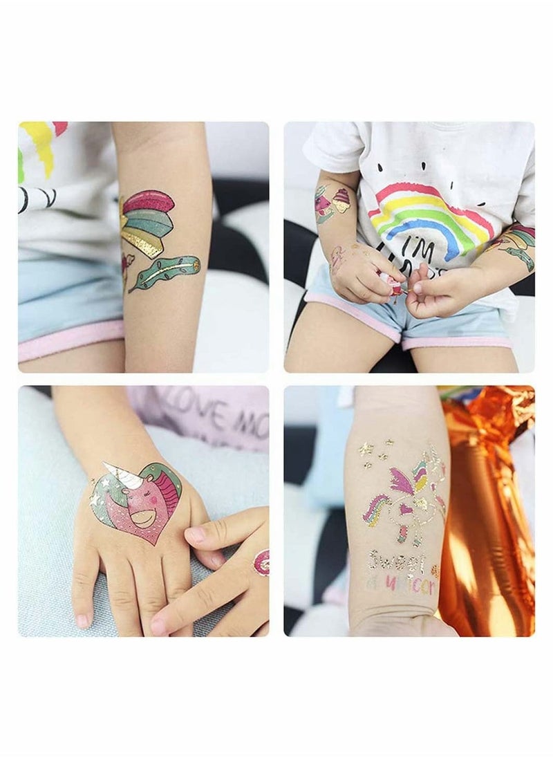 6 Sheets Temporary Tattoos for Kids Large Unicorn Glitter Tattoos for Kids Girls Boys Stick on Tattoos Party Bag Fillers Party Favours Supplies