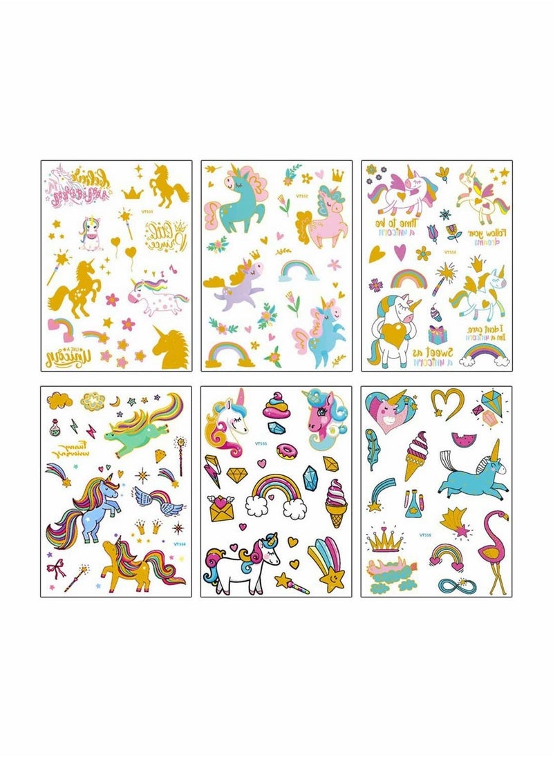 6 Sheets Temporary Tattoos for Kids Large Unicorn Glitter Tattoos for Kids Girls Boys Stick on Tattoos Party Bag Fillers Party Favours Supplies