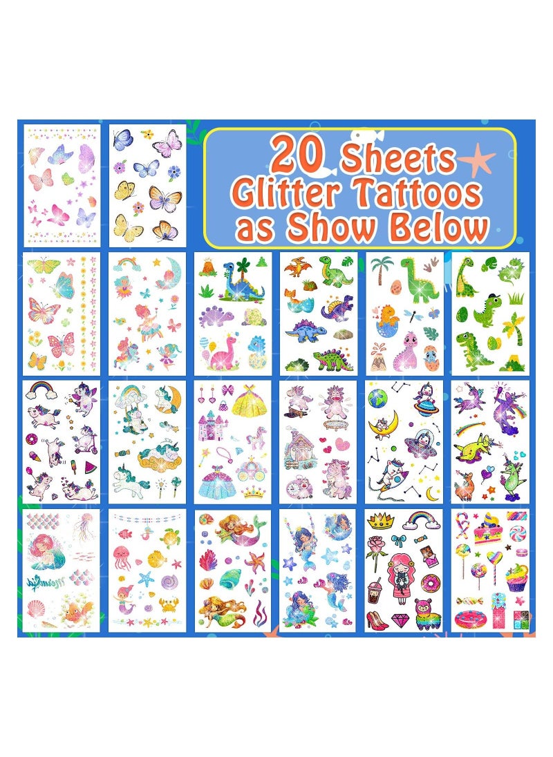 20 Sheets Glitter Tattoos for Kids Girls Glitter Tattoos for Kids Party Bag Fillers Fake Transfer Tattoo Stickers for Boys Girls Gifts Games Toys Birthday Decorations Supplies