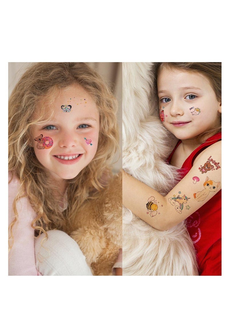 Glitter Animal Tattoos Temporary, for Kids Girls and Boys Birthday Party Favor Supplies, Children Cartoon Waterproof Body Stickers, Unicorn/ Butterfly/ Mermaid Princess/ Candy Designs (12 Sheets)