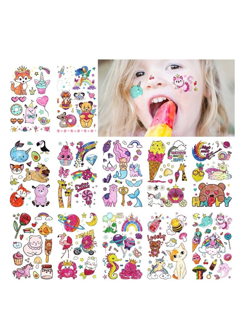 Glitter Animal Tattoos Temporary, for Kids Girls and Boys Birthday Party Favor Supplies, Children Cartoon Waterproof Body Stickers, Unicorn/ Butterfly/ Mermaid Princess/ Candy Designs (12 Sheets)