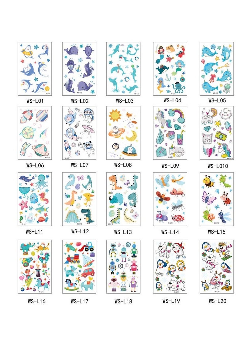 20 Pcs Luminous Temporary Tattoos Fake Tattoo Stickers Cute Dinosaur Mermaid Under Sea Cartoon Blue Birthday Decorations Party Favors Supplies for Boys and Girls