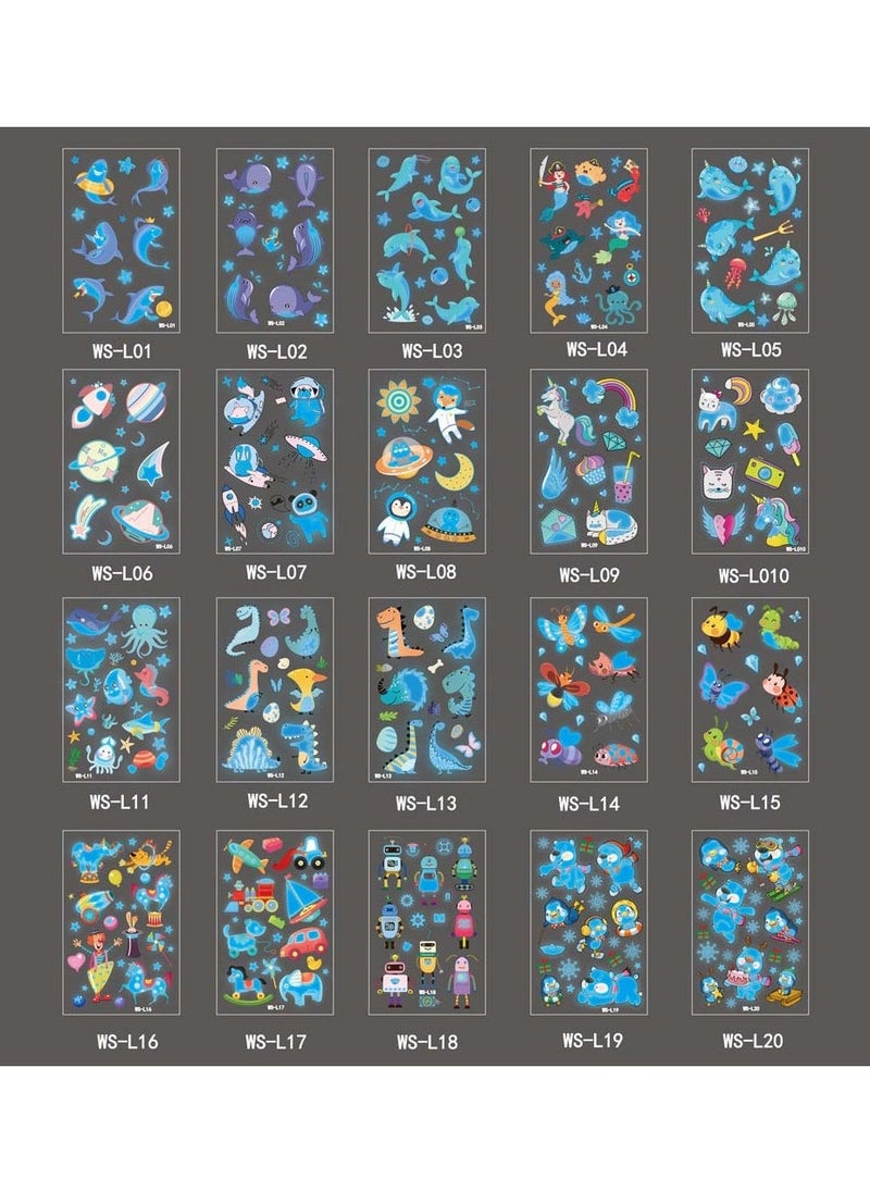 20 Pcs Luminous Temporary Tattoos Fake Tattoo Stickers Cute Dinosaur Mermaid Under Sea Cartoon Blue Birthday Decorations Party Favors Supplies for Boys and Girls