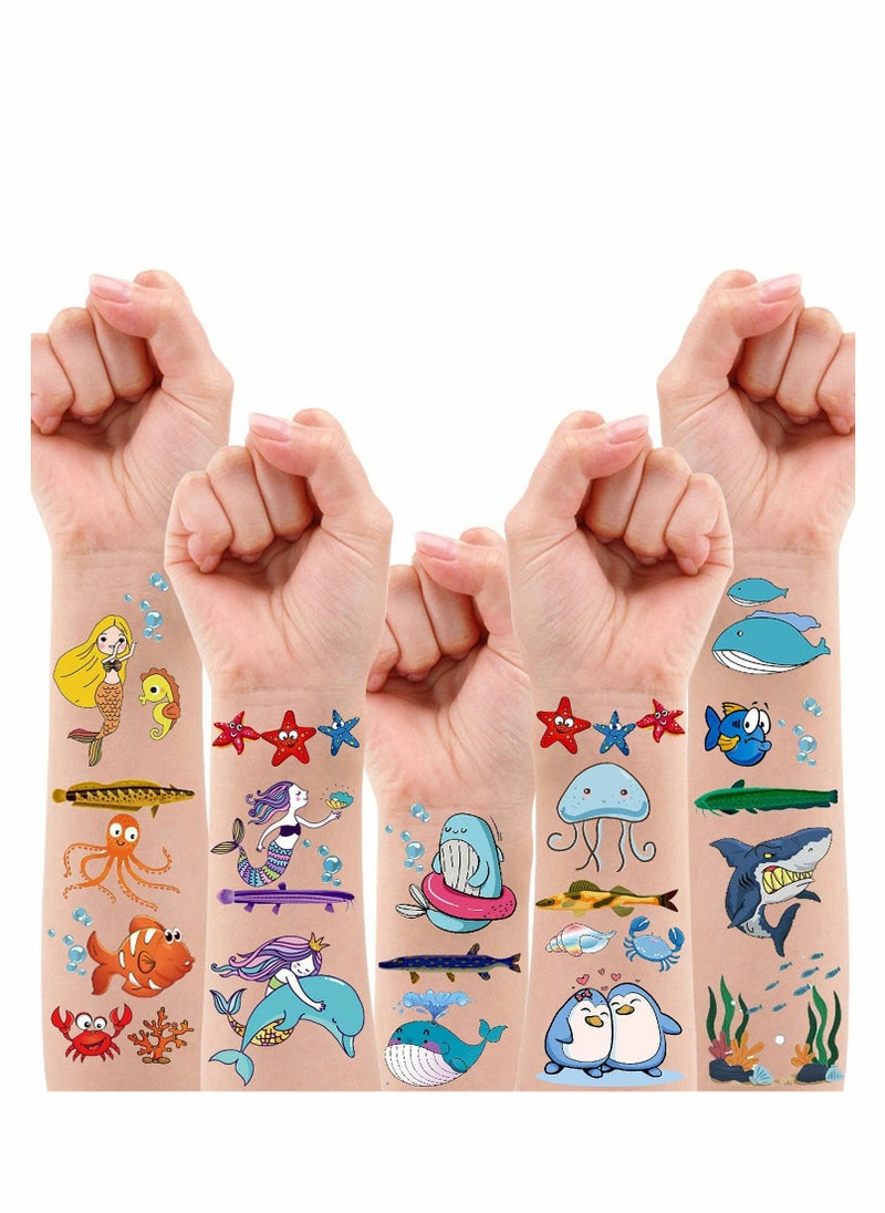 Ocean Theme Temporary Tattoos, Fake Tattoos Stickers With Mermaid Shark Tropical Fish Whale, Beach Pool Under Sea Decorations Birthday Party Supplies Favors for Boys and Girls, 12 Sheets