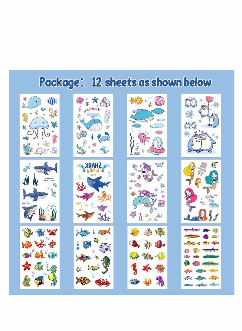 Ocean Theme Temporary Tattoos, Fake Tattoos Stickers With Mermaid Shark Tropical Fish Whale, Beach Pool Under Sea Decorations Birthday Party Supplies Favors for Boys and Girls, 12 Sheets