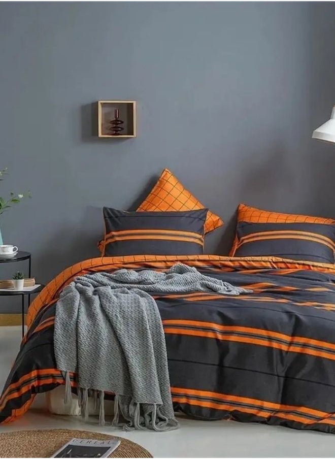 Queen Size 6-Piece Striped Duvet Cover Set in Grey and Orange.