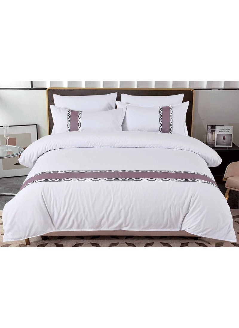 Premium 400 Thread Count Cotton King Size Quilt Cover Set - Luxurious Sateen Weave Printer Striped Bedding with Hidden Zipper Closure - Includes 4 Pillow Cases (White, 220*240 cm)