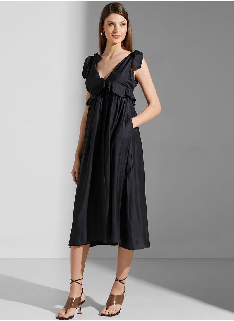 Plunge Neck Ruffle Detail Dress