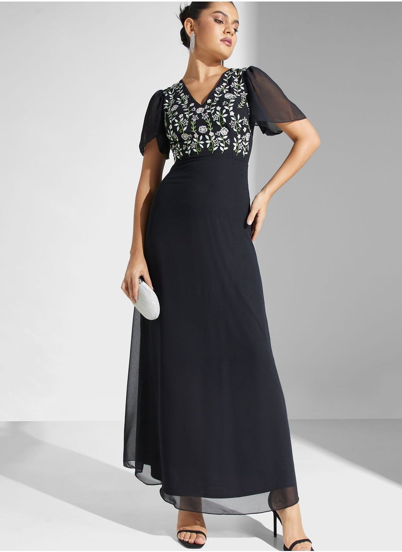 V-Neck Embroidered Tiered Dress