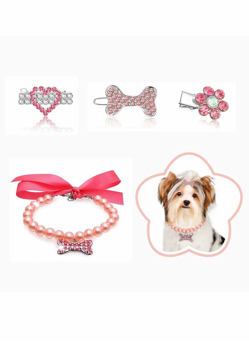 Dog Collar and Puppy Hair Accessories, 4 Pack Pearl Pet Necklace for Small Dogs Girl Barrette Crystal Rhinestone Cat Grooming Products