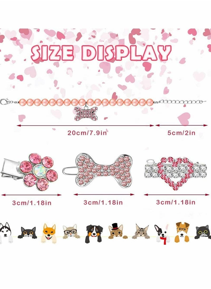 Dog Collar and Puppy Hair Accessories, 4 Pack Pearl Pet Necklace for Small Dogs Girl Barrette Crystal Rhinestone Cat Grooming Products