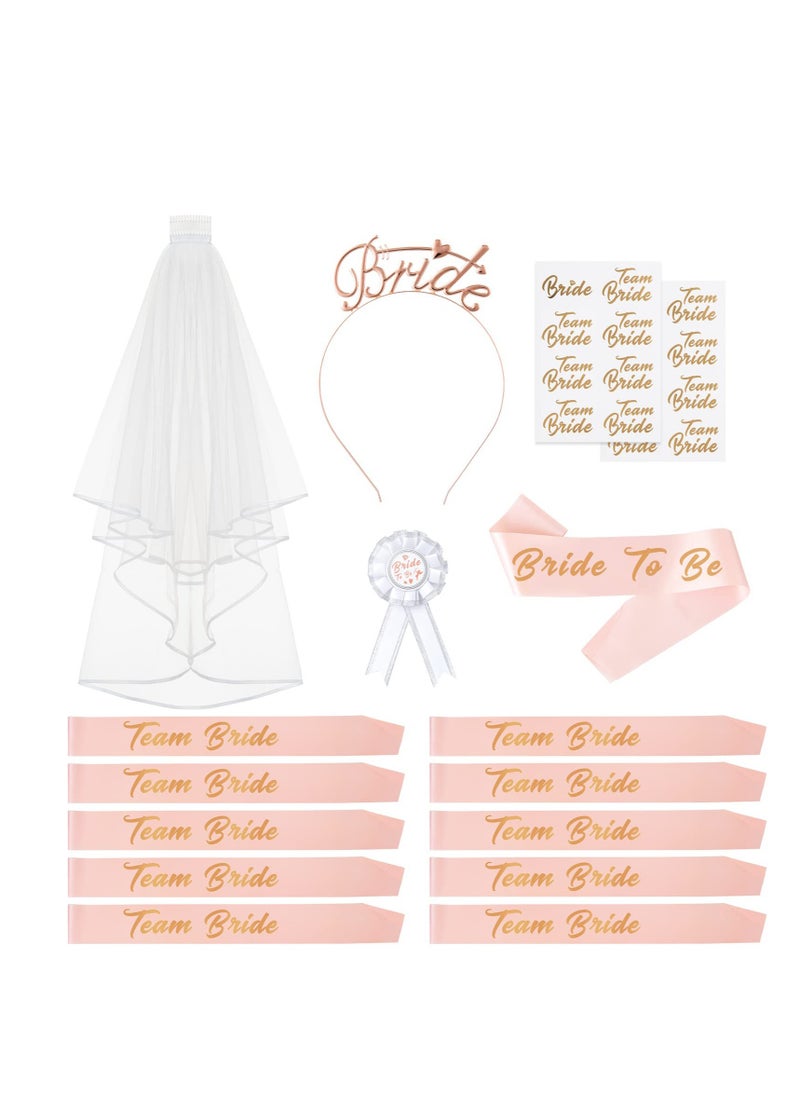 Bachelorette Party Decorations, Bride to Be Bachelorette Party Supplies, 16pcs Bachelorette Party Decorations Kit Bride to Be Sash Veil Tiara Tattoos for Bridal Shower Wedding Decorations