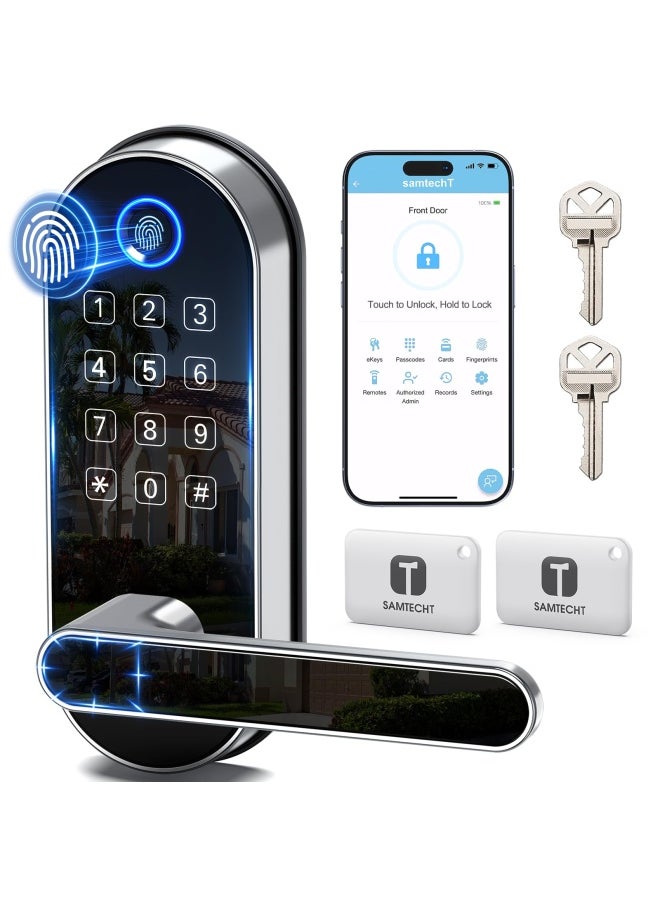 samtechT Keyless Entry Smart Door Lock with Door Handle  Wi-Fi Digital Fingerprint Door Lock  Door Lock for Front Door  Front Door Bluetooth Smart Lock  Door Lever  Door Knob  Deadbolt Alternatives