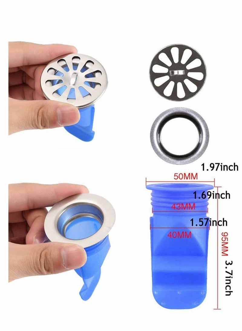 Drain Backflow Preventer, 2 Pcs Floor Drain Strainer Mesh Drain Cover, Round Lid Silicone Core Toilet Anti-odor Taste Inner Core Sealing Ring（Silicone & Stainless Steel)