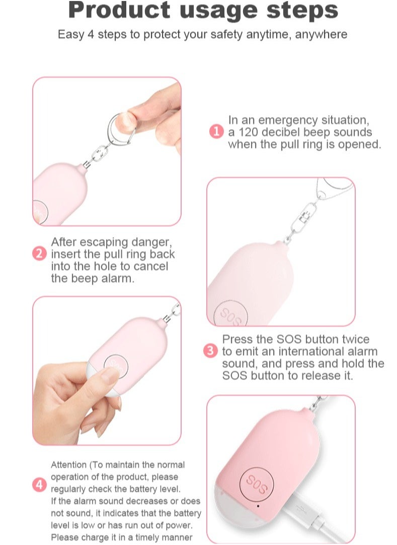 SOS Personal Alarm, Waterproof Hanging Flashlight Alarm, USB Rechargeable Loud Alarm Safety Keychain, Easy To Carry Self Defense Siren For Elderly Women Kids, (1pc, B300 Pink)