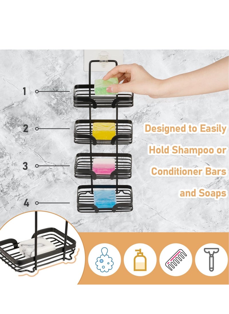 4 Tier Soap Dish Holder with Hooks, Rustproof Stainless Steel Holder, Drill-Free Shampoo bar Holder, Suitable for Shower Wall, Bathroom, Kitchen Sink (Black)