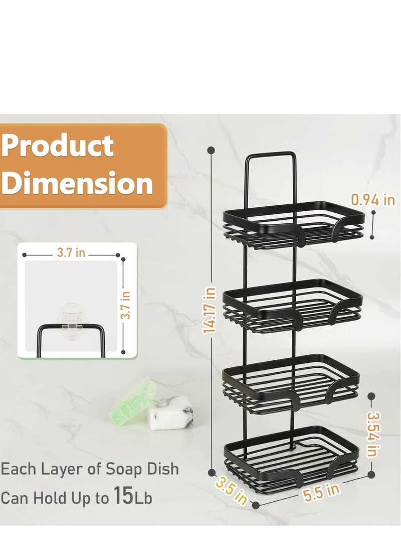 4 Tier Soap Dish Holder with Hooks, Rustproof Stainless Steel Holder, Drill-Free Shampoo bar Holder, Suitable for Shower Wall, Bathroom, Kitchen Sink (Black)