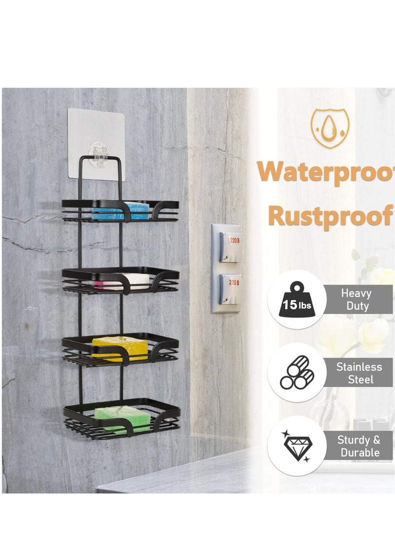 4 Tier Soap Dish Holder with Hooks, Rustproof Stainless Steel Holder, Drill-Free Shampoo bar Holder, Suitable for Shower Wall, Bathroom, Kitchen Sink (Black)