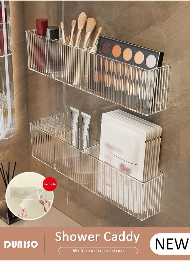 2 Pack Shower Caddy, Hollow Design Bathroom Makeup Organizer, No Drilling Hang Walls Shower Organizer, Clear Bathroom Organizers with 3 Compartments for Bathroom, Dorm, Toilet, Kitchen