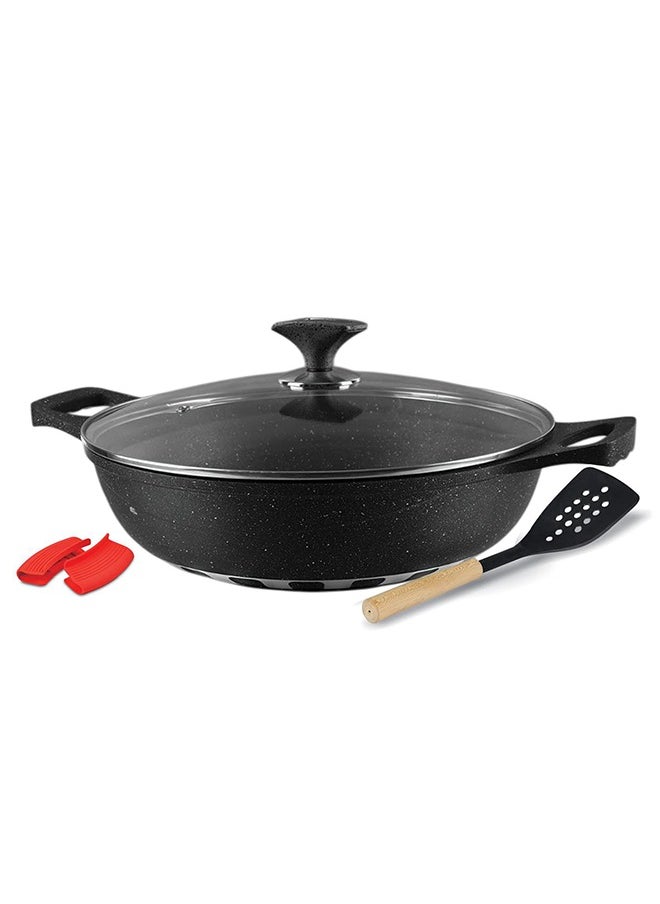 ROYAL KITCHEN Cresta Non Stick Wok 32 cm – 5 Pcs Black Marble Coated Diecast Karahi Set with Nylon Spoons & Pot Holder, Tempered Glass Lids, Food Grade, Stylish Design, Durable, Dishwasher Safe, Bio Plus System, Energy Efficient