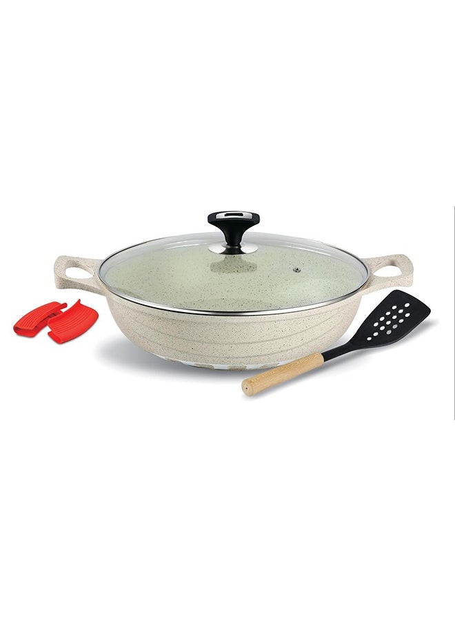 ROYAL KITCHEN Cresta Non Stick Wok 28 cm – 5 Pcs White Marble Coated Diecast Karahi Set with Nylon Spoons & Pot Holder, Tempered Glass Lids, Food Grade, Stylish Design, Durable, Dishwasher Safe, Bio Plus System, Energy Efficient