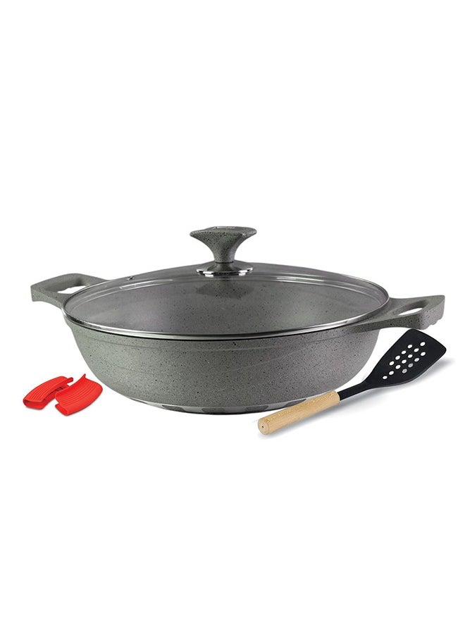 ROYAL KITCHEN Cresta Non Stick Wok 28 cm – 5 Pcs Grey Marble Coated Diecast Karahi Set with Nylon Spoons & Pot Holder, Tempered Glass Lids, Food Grade, Stylish Design, Durable, Dishwasher Safe, Bio Plus System, Energy Efficient