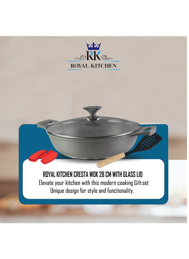 ROYAL KITCHEN Cresta Non Stick Wok 28 cm – 5 Pcs Grey Marble Coated Diecast Karahi Set with Nylon Spoons & Pot Holder, Tempered Glass Lids, Food Grade, Stylish Design, Durable, Dishwasher Safe, Bio Plus System, Energy Efficient