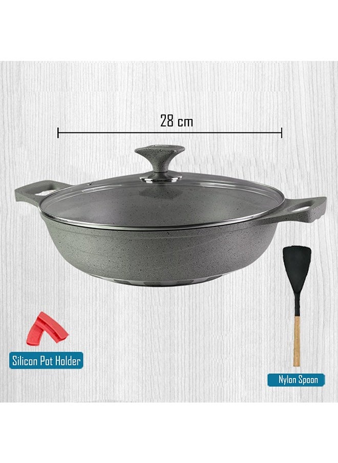 ROYAL KITCHEN Cresta Non Stick Wok 28 cm – 5 Pcs Grey Marble Coated Diecast Karahi Set with Nylon Spoons & Pot Holder, Tempered Glass Lids, Food Grade, Stylish Design, Durable, Dishwasher Safe, Bio Plus System, Energy Efficient