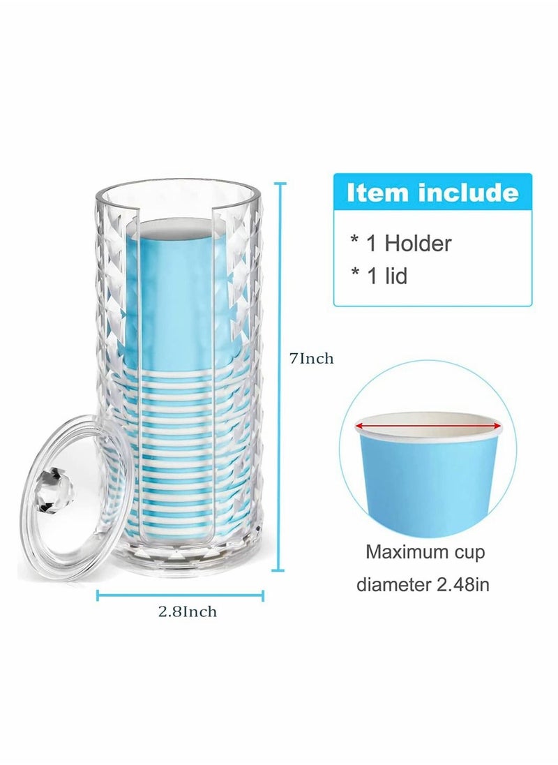 Acrylic Bathroom Cup Dispenser Mouthwash Holder for 3oz to 4oz Disposable Paper Cups Clear Diamond Pattern with Lid for Mouthwash Cups Storage Vanity Makeup Organizer