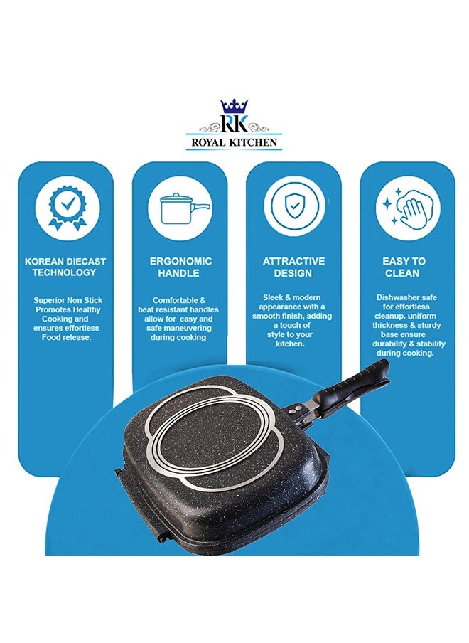 ROYAL KITCHEN Cresta Double Grill Pan 36 cm – Non Stick Diecast Marble Coated with Magnetic Lock, Silicone Rubber Seal, Steam Vent, Durable Design, Perfect for Grilling, Frying, and Steaming with Even Heat Distribution