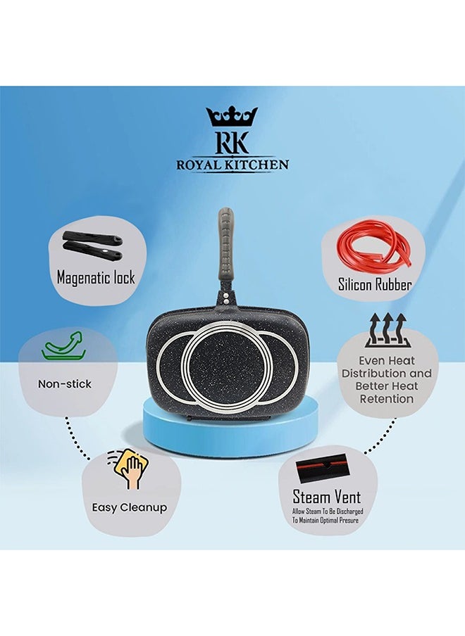 ROYAL KITCHEN Cresta Double Grill Pan 36 cm – Non Stick Diecast Marble Coated with Magnetic Lock, Silicone Rubber Seal, Steam Vent, Durable Design, Perfect for Grilling, Frying, and Steaming with Even Heat Distribution