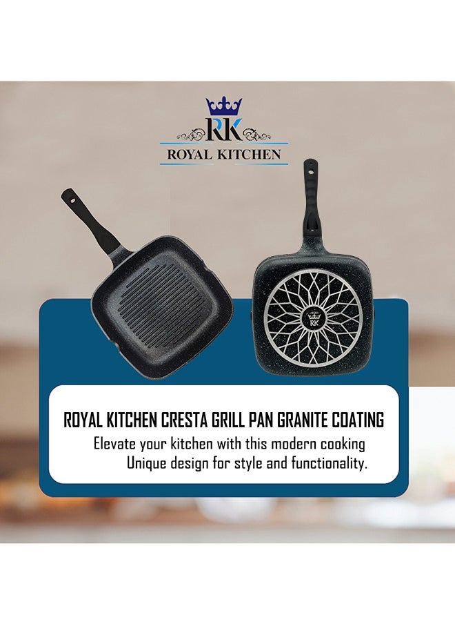 ROYAL KITCHEN Cresta Grill Pan 24 cm – Non Stick Diecast Marble Coated, Black, Stylish and Durable, Ergonomic Stay-Cool Handle, Side Pouring Holes, Perfect for Grilling Steaks, Vegetables, and Panini with Even Heat Distribution