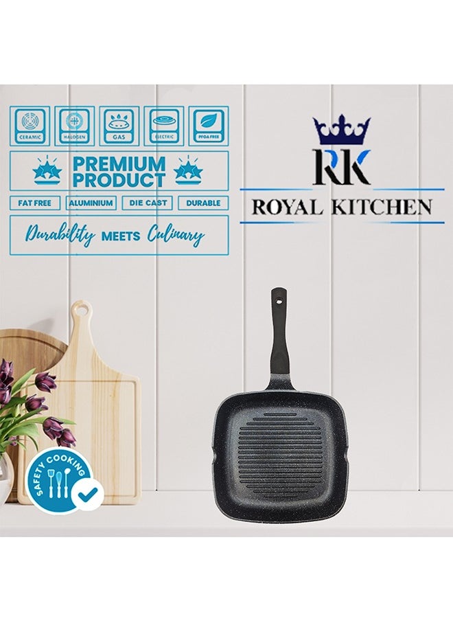 ROYAL KITCHEN Cresta Grill Pan 24 cm – Non Stick Diecast Marble Coated, Black, Stylish and Durable, Ergonomic Stay-Cool Handle, Side Pouring Holes, Perfect for Grilling Steaks, Vegetables, and Panini with Even Heat Distribution