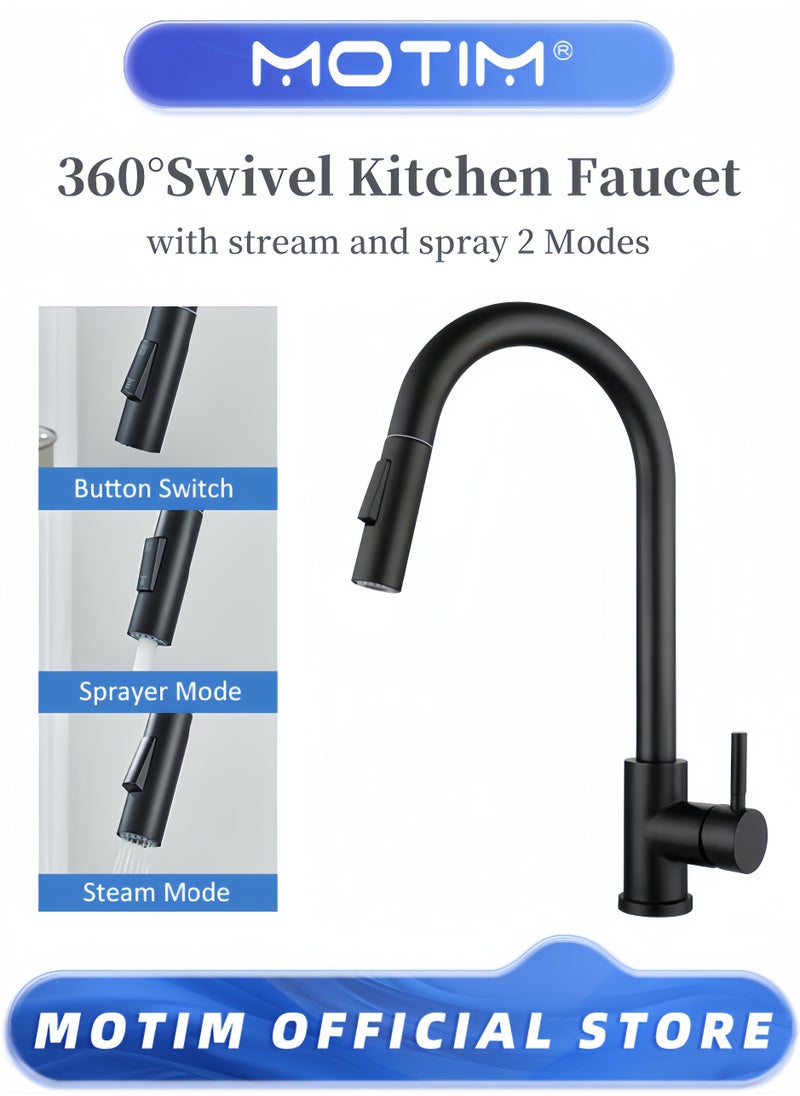 Black Kitchen Taps Mixer, 360°Swivel Kitchen Sink Faucet with Pull Out Spray 2 Modes, Stainless Steel Pull Down Sink Taps for Kitchen, Matte Black