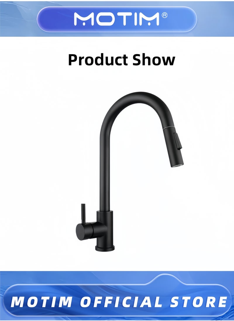 Black Kitchen Taps Mixer, 360°Swivel Kitchen Sink Faucet with Pull Out Spray 2 Modes, Stainless Steel Pull Down Sink Taps for Kitchen, Matte Black